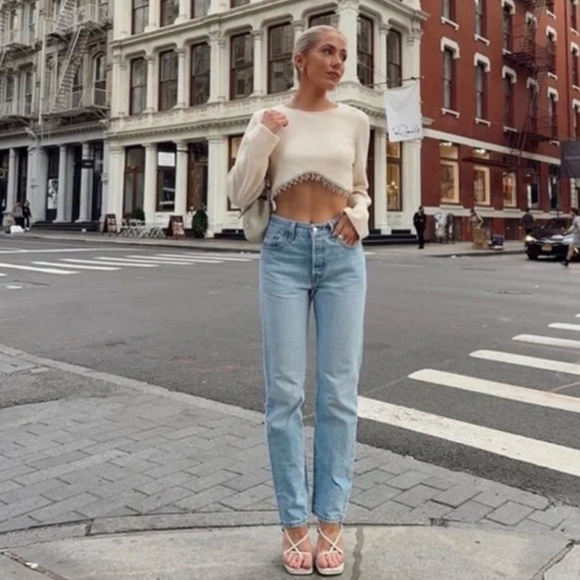 ZARA Long Sleeve Ribbed Crop Top Rhinestone Fringe in Oyster White Size Medium - Picture 5 of 16